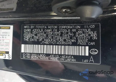 2004 Lexus Is 300 z USA, uszkodzony, nr VIN JTHBD192140085698